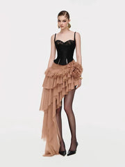 Fishbone Lace-Up Top And Mesh Asymmetrical Skirt Two-Piece Set
