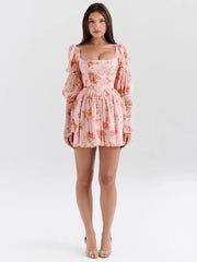 Pink Long Puff Sleeve Floral Print Square Neck Mini Dress