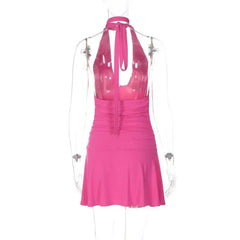 Halter Deep V-Neck Drape Ribbion Mini Dress