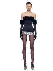 Furry Trim Strapless Top With Gloves