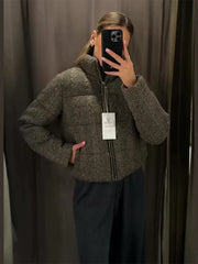 Grey Cabel Knit Padded Stand Collar Coat