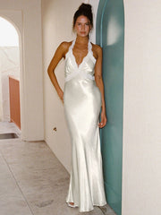 White Satin Lace Patchwork Halter Long Dress