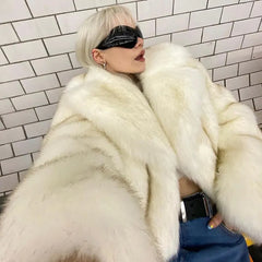 White Turned Collar Faux Fur Crop Coat - Free From Label