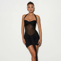 Halter Ruched Mesh Wrap Up Bodycon Mini Dress