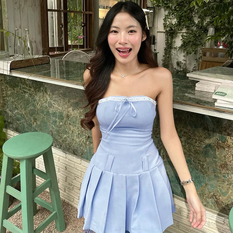 Blue Pleated Strapless Mini Dress