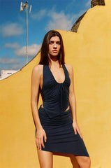 Navy Blue Halter Neck Drawstring Asymmetrical Top And Mini Skirt Set