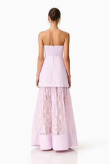 Strapless Smocked Lace Patchwork Maxi Gown