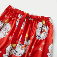 Satin Christmas Ruffle Trim Long Sleeve Shirt And Pants Pajama Set