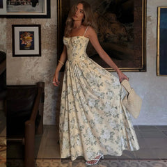 Floral Print Back Lace Up Spaghetti Strap Maxi Dress