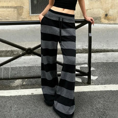 Black Striped Drawstring Flare Pants