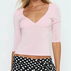 V-neck 3/4 Elbow Sleeve Fitted Wrap T-shirt