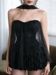 Strapless Tulle Frill Top And Textured Bloomers Shorts