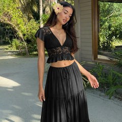 Short Sleeve Mesh Patchwork Crop Top And Maxi Skirt Matching Set