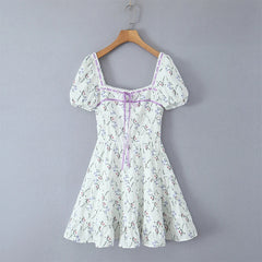 White Floral Print Puff Sleeve Square Neck A-line Mini Dress