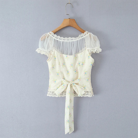 Floral Bow Tied Sheer Short Sleeve Top