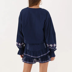 Long Sleeve Embroidered Tie Front Top And Mini Skirt Set