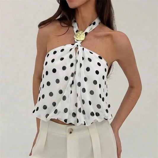 Polka Dot Halter Top with Gold Buckle