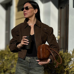 Turn-down Collar Zipper Suede Jacket