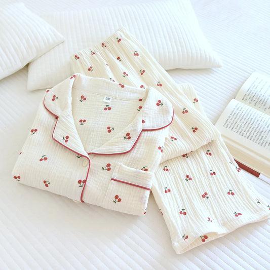 Print Cherry Long Sleeve Shirt And Pants Pajama Set