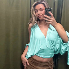 V-Neck Slit Tied-up Long Sleeve Waist Cinched Top
