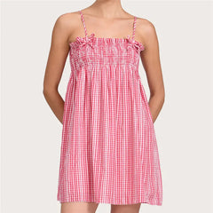 Gingham Smocked Spaghetti Strap Mini Dress with Bow Detail