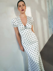 White Satin V-neck Polka Dot Maxi Dress