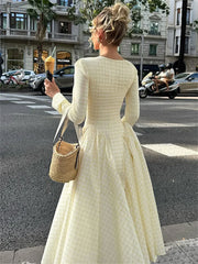 Plaid Square Collar Long Sleeve Maxi Dress