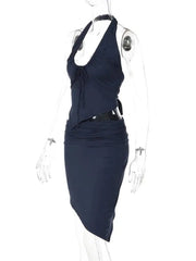 Navy Blue Halter Neck Drawstring Asymmetrical Top And Mini Skirt Set