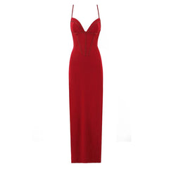Red Spaghetti Straps Lace Up Bandage Bodycon Midi Dress