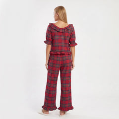 Red Tartan Plaid Ruffle Bow Puff Sleeve Top And Long Pants Pajama Set