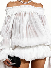 Slash Neck Long Sleeve Puff Mesh Hem Frill Mini Dress