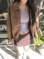 Suede Turn-down Collar Zipper Motorcycle Jacket