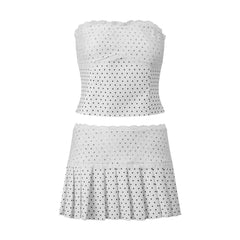 Polka Dot Lace Trim Tube Top and Pleated Mini Skirt Set