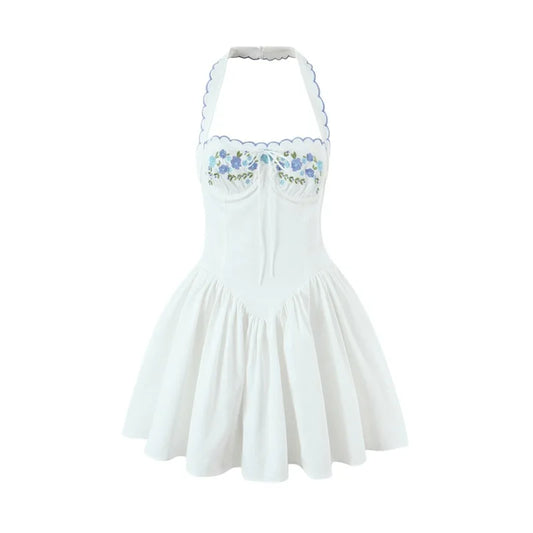 White Embroidered Floral Halter Mini Dress