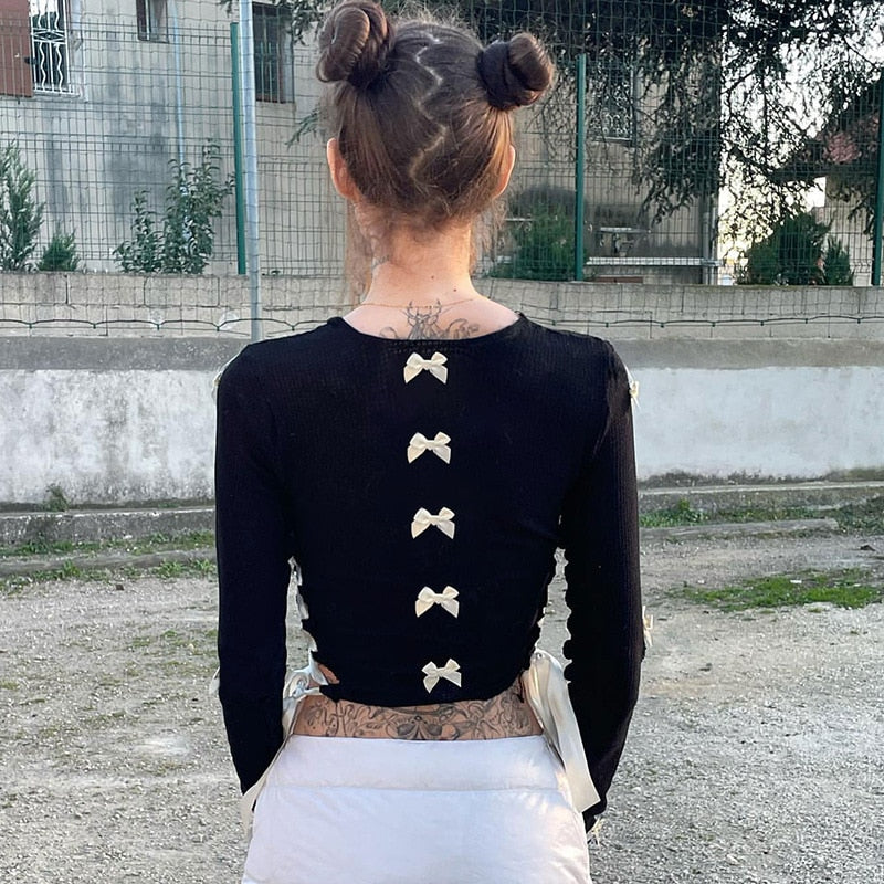 Black Long Sleeve Bow Knot Top