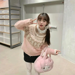 Pink Jacquard Bow Knitted Cardigan Free From Label