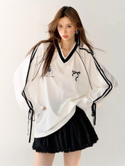 Stripe Bow Oversized V-neck Black Jersey Long Sleeve Top Free From Label