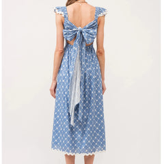 Blue Floral Print Square Neck Frill Tie Up Midi Dress