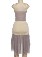 Stripe Patchwork Square Collar Tank Top With Tiered Irregular Hem Midi Skirt Set