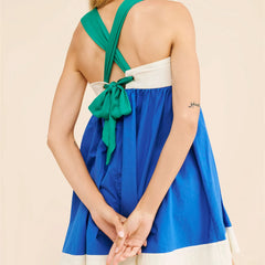 Blue Halter Neck Tie Bow Mini Dress