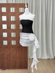 White And Black Sequin Patchwork Flower Draped Mini Dress
