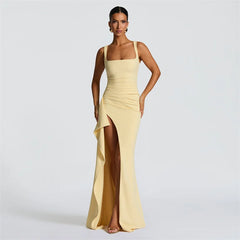 Square Neck Strap Thigh High Split Draped Long Dress