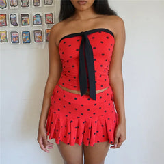 Red Polka Dot Strapless Bow Tube Top And Pleated Mini Skirt Set
