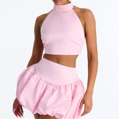 Halter Back Bow Crop Top And Bubble Mini Skirt Set