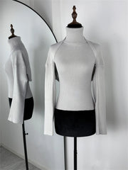 Ribbed Knit Turtleneck Cutout Shoulder  Vest Long-Sleeved Shawl 2-Piece Set Top
