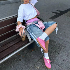 Women's trendy loose fit denim capri shorts.

