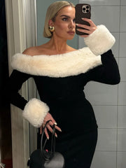 Off-shoulder Black Fur Trim Long Sleeve Maxi Bodycon Dress Free From Label