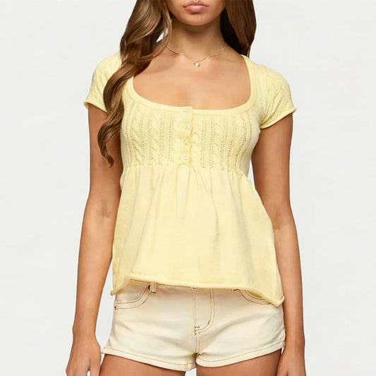 Knit Peplum Square Neck Button Down Top