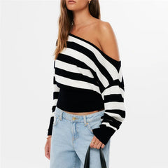 Black Stripe Diagonal Off-Shoulder Crop Knit Top