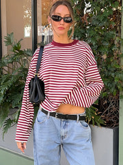 Contrast Colour Striped O-Neck Long-Sleeve T-shirt